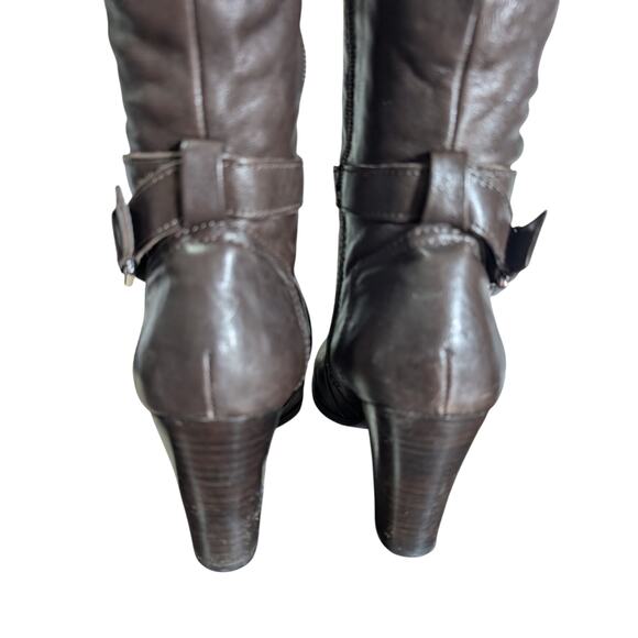 MARC FISHER! ESPRESSO BROWN GENUINE LEATHER CHUNKY HEEL ANKLE WRAP BOOTS!SZ 7.5M - Picture 9 of 11